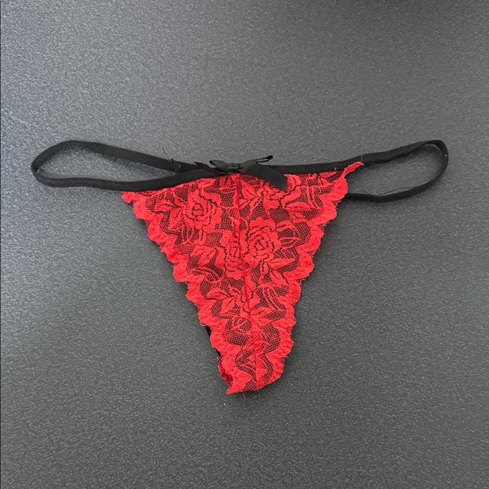 Red Floral Lace Thong with Black Elastic Waist